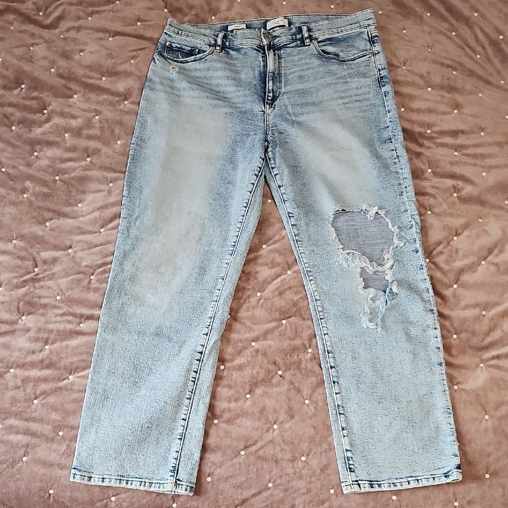 LOFT Outlet Light Blue Distressed Ripped Straight Leg Jeans, Size 12